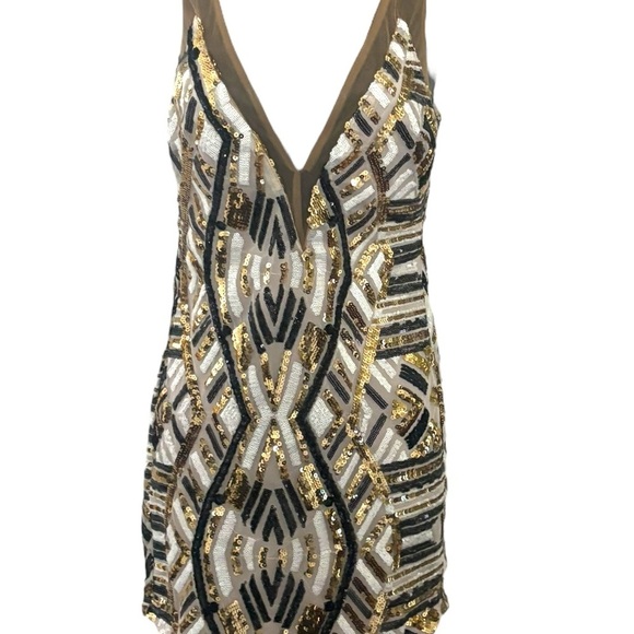 Rumor Boutique Art Deco Cocktail Dress Mini Black Gold Sequins Party Sexy SZ‎ S - Picture 3 of 8
